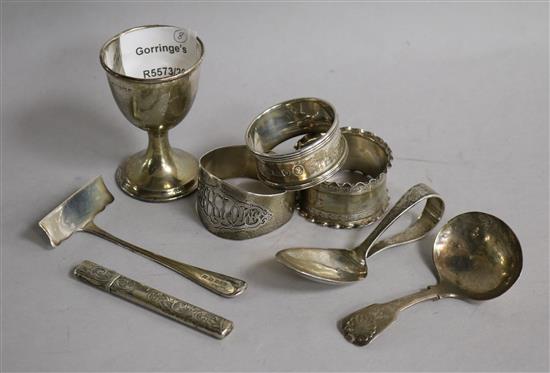 Mixed silver including napkin rings, caddy spoon etc.